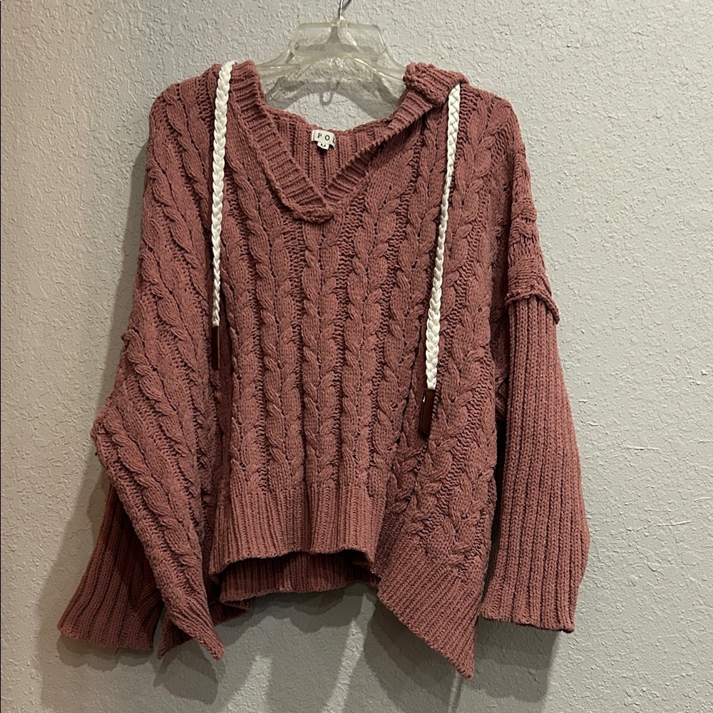 POL V-Neck Cable Knit Sweater - Dusty Rose